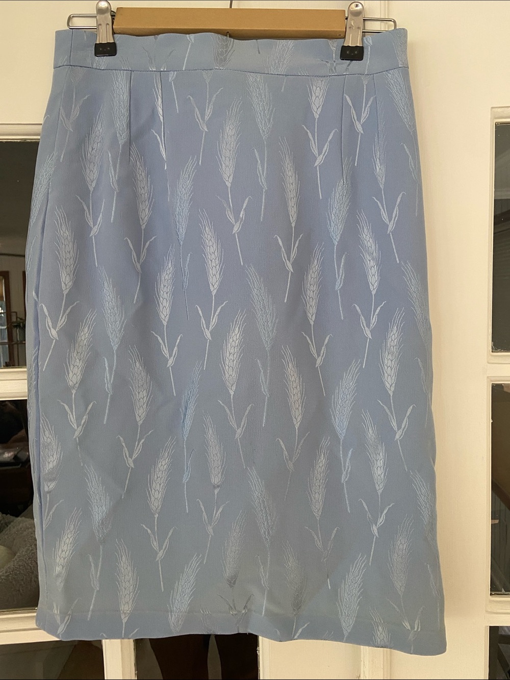 Vintage Silk Louis Feraud Pale Blue Wheat-Jacquard Pencil Skirt